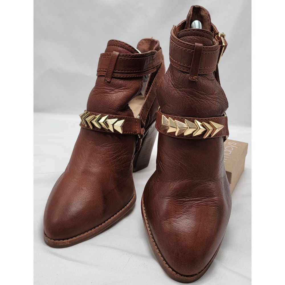 Gianni Bini Strappy Booties Gold Embellishments Ankle Buckle Sz.8 Cognac Leather